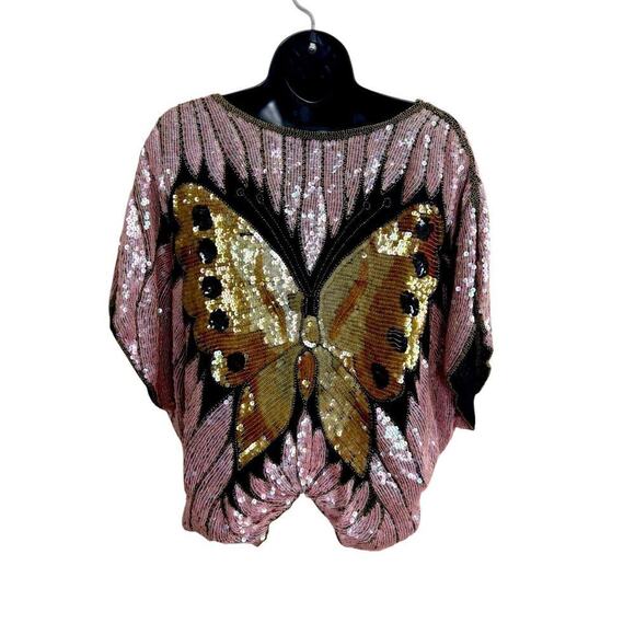 Swee Lo Top Woman’s L Pink‎ Butterfly Coachella Silk Festival Boho Retro Vintage - Picture 8 of 16